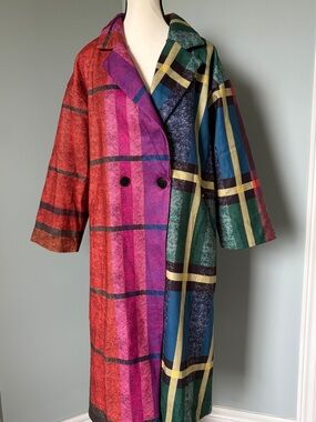🔥🆕🔥 Uoozee Bold Multi-Colour Patchwork Plaid Trench Coat Overcoat L